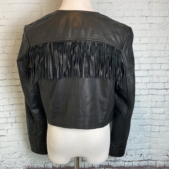 Banana Republic Fringe Leather Jacket Black Sz M Petite Moto Western Hippie - Picture 1 of 16